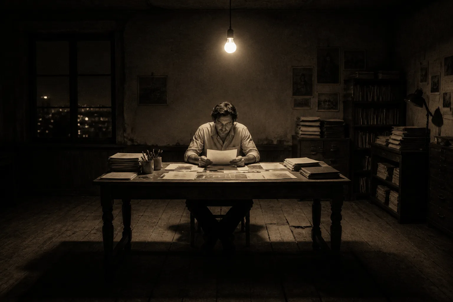 Journalist reviewing documents late at night in an independent newsroom