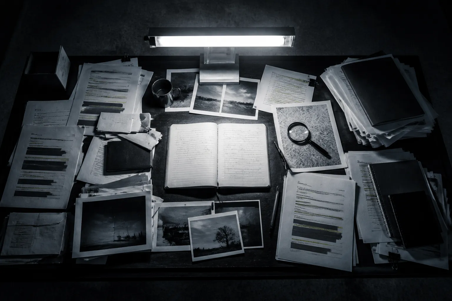 Journalist's desk covered with investigation documents and evidence
