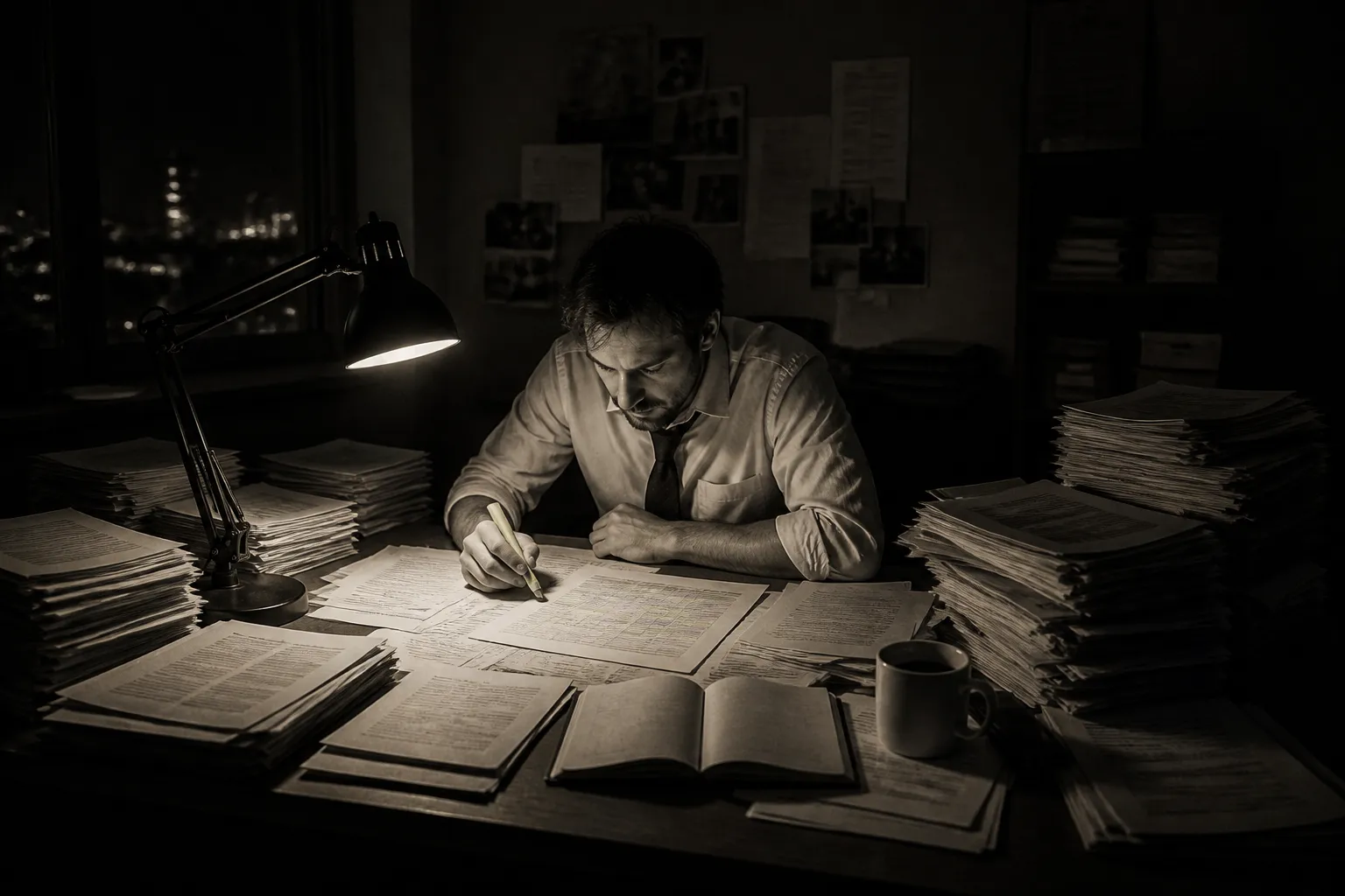 Investigative journalist's desk with FOIA documents and research materials